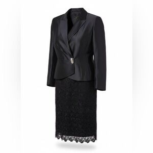 Tahari Black Satin Blazer with Lace Skirt Two-Piece